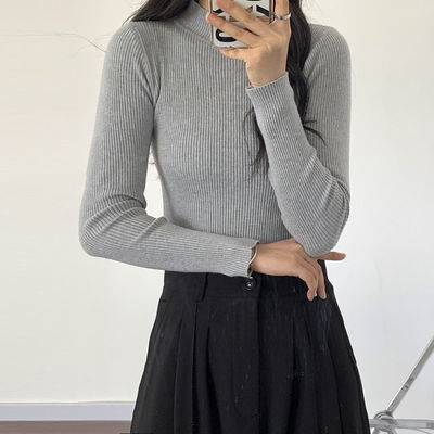 93012/灰色毛衣女秋季修身显瘦韩版半高领内搭薄款针织衫打底上衣外穿潮