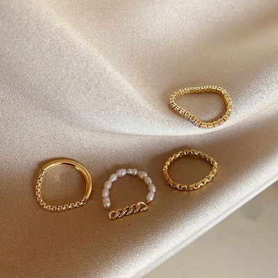 小众设计淡水珍珠锆石链条素圈戒指女气质冷淡风