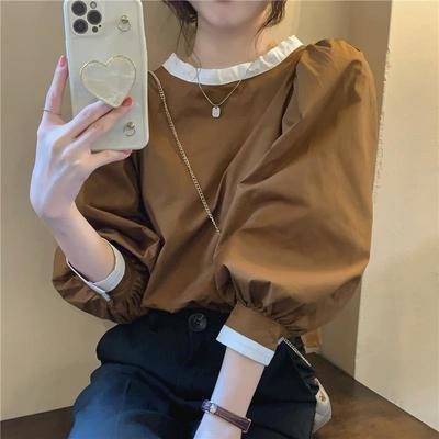 93178/泡泡袖衬衫女复古法式秋季2021新款设计感拼色系带气质长袖上衣服