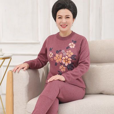 93376/妈妈保暖内衣套装加绒加厚中年妇女式50老人60岁冬季纯棉洋气防寒