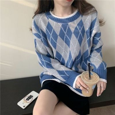 91411/毛衣女秋冬外穿2021新款复古日系慵懒菱格宽松显瘦小个子针织上衣
