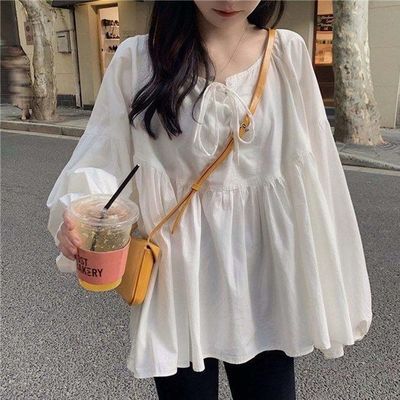93095/白色长袖衬衫女秋2021新款韩版宽松绑带泡泡袖娃娃衫衬衣上衣