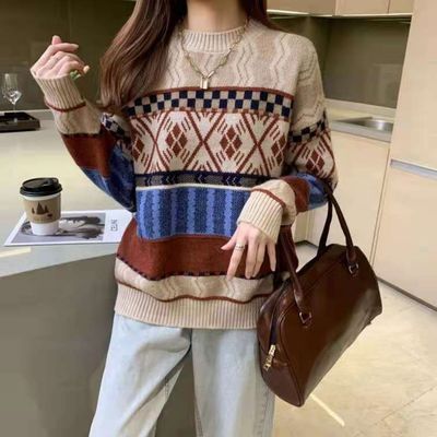 91461/女装2021新款毛衣秋冬季复古文艺宽松外穿慵懒风提花针织套头
