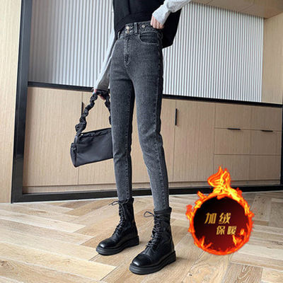 106031/雪千羽新款加绒高腰小脚牛仔裤女韩版修身紧身百搭铅笔裤