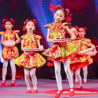 元旦儿童喜庆演出服饰新年服说唱中国红秧歌服幼儿太平鼓表演服装