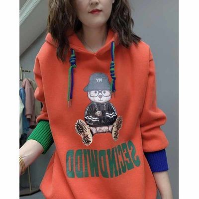 149171/欧洲站加绒卫衣女2021冬新款欧货小熊驼色连帽加厚慵懒风卫衣爆款