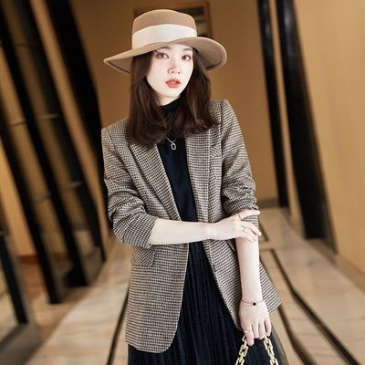 92201/格子毛呢小西装外套女2021秋冬新款修身千鸟格高档小西服女士外套