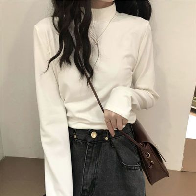 90568/秋冬季新款半高领打底衫女加绒加厚保暖修身显瘦长袖t恤内搭上衣