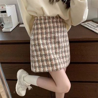 119526/千鸟格毛呢半身裙女2021秋冬新款高腰短裙小香风显瘦包臀A字裙