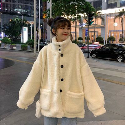 91679/仿羊羔绒毛外套女中长款冬季新款韩版宽松学生加厚冬装外套潮