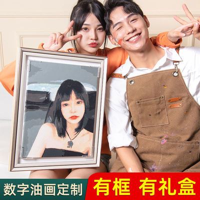 数字油画姐妹情侣定制diy一家三口有框带字老婆情人毕业画家新郎