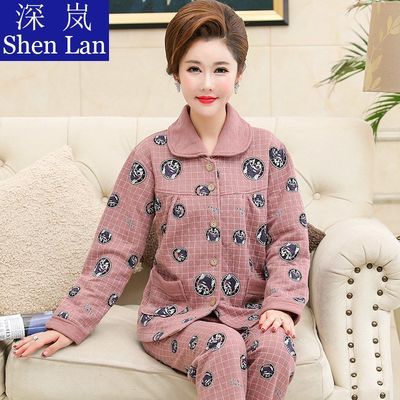 92785/睡衣女士春秋季加厚纯棉长袖加大码家居服冬季空气棉保暖夹层套装