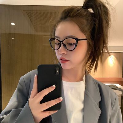 110216/2021新款凹造型猫眼平光镜女韩版潮ins复古时髦黑框素颜眼镜架男