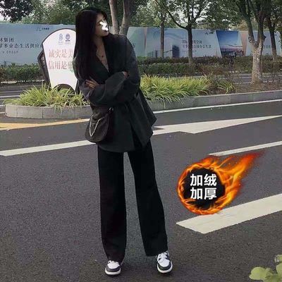 92898/黑色裤子女秋冬加绒加厚宽松显瘦百搭阔腿休闲直筒裤高腰拖地长裤