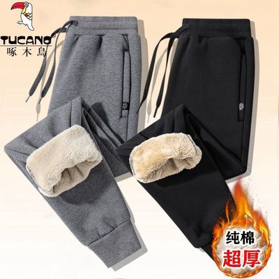 106335/啄木鸟纯棉羊羔绒绒加厚运动裤子男宽松潮流束脚裤男士保暖休闲裤