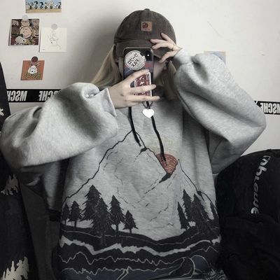 92869/外套女潮ins秋冬季新款开衫卫衣女学生韩版印花宽松加绒加厚连帽