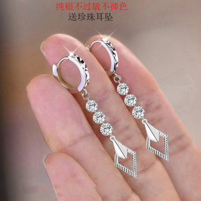 129541/纯银菱形耳环女2021新款潮韩国气质网红耳饰圆脸显瘦耳坠时尚大气
