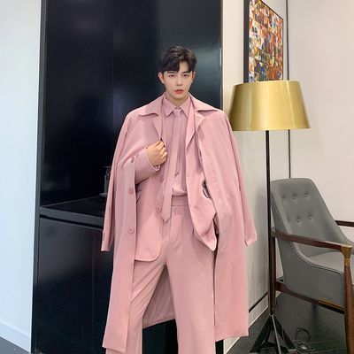 韩版时髦芭比粉色系列休闲套装男时尚潮流风衣西服衬衫长裤四件套