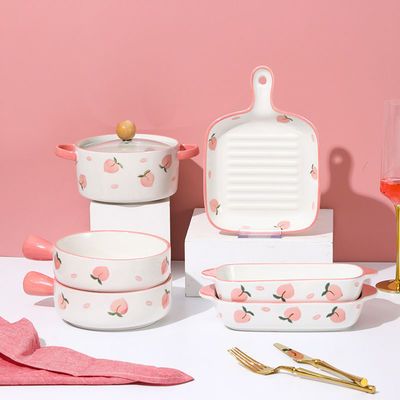 可爱桃子ins手绘手柄盘碗创意网红芝士焗饭碗盘韩式陶瓷餐具套