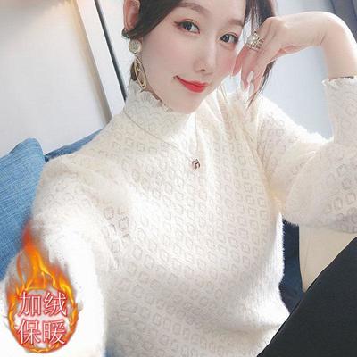 129099/套头立领磨毛加绒大码胖mm蕾丝打底衫长袖女2021秋冬内搭修身上衣
