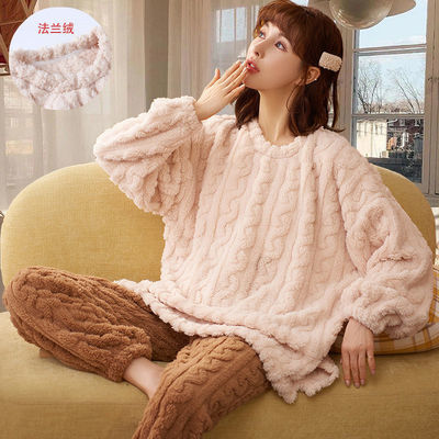 105646/秋冬季加绒加厚珊瑚绒女睡衣法兰绒可爱女式ins套头款家居服套装