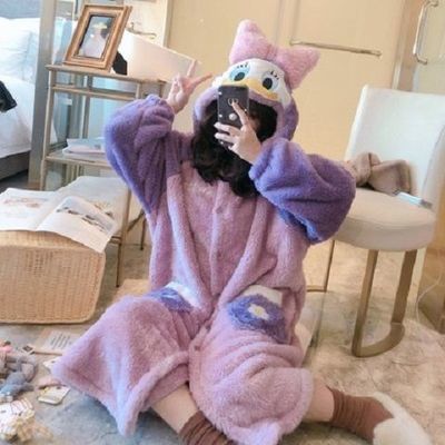 106487/睡袍女秋冬季加绒加厚长款珊瑚绒唐老鸭睡衣2021年新款浴袍法兰绒