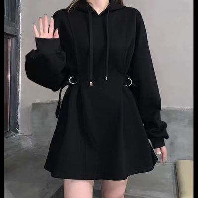 124795/松本丧丧环扣卫衣裙女宽松慵懒风2021冬季新款小众设计感连帽卫衣