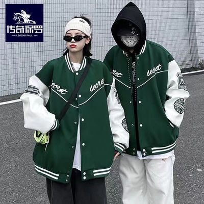 112592/传奇保罗拼接毛呢棒球服女印花棉服秋冬新款vibe风情侣外套炸街潮