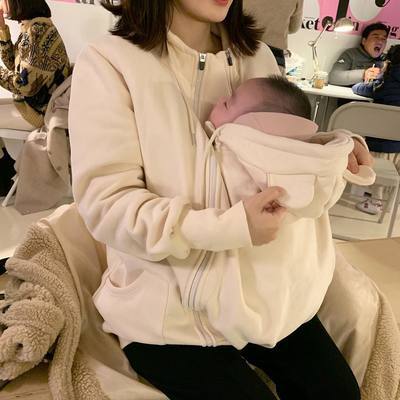 2021爆款韩国袋鼠母子连体卫衣宝宝妈妈喂奶连帽加绒哺乳外套