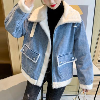 119215/2021年拼接牛仔外套女韩版宽松加厚加绒机车拉链bf牛仔棉服上衣潮