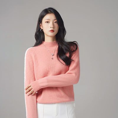 106342/澳洲羊毛女V领卷边短款时尚低领宽松秋冬针织打底毛衣女韩版纯色