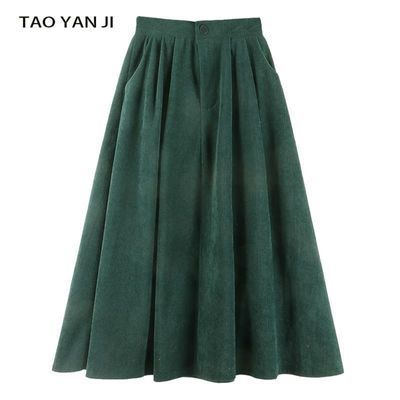 120626/复古拉链腰头灯芯绒半身裙秋冬女2021新款高腰显瘦中长款大摆裙子