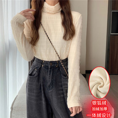 107883/蕾丝加绒打底衫女大码胖mm半高领洋气网纱内搭加绒加厚长袖上衣潮