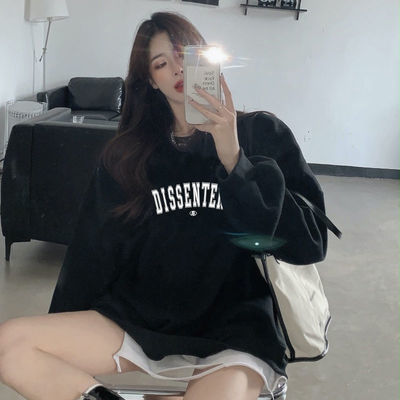 106343/美式秋冬季加绒加厚黑色圆领卫衣女ins韩系宽松潮打底上衣春薄款
