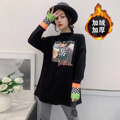 120632/加厚保暖半高领打底衫女秋冬2021新款印花中长款宽松长袖T恤上衣