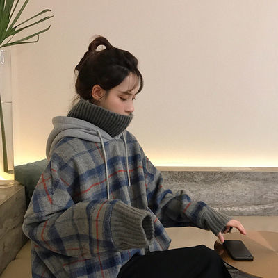 106244/假两件拼接格子高领连帽加厚加绒套头卫衣女秋冬新款韩版宽松长袖