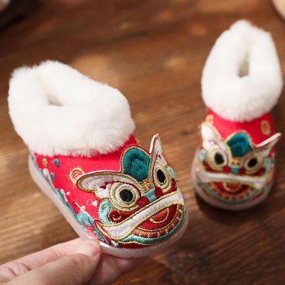 婴儿虎头鞋学步周岁冬季加绒男女宝宝手工老北京布鞋绣花儿童棉鞋