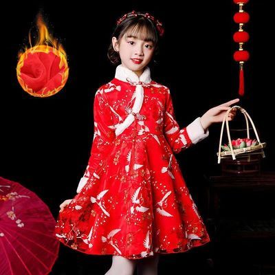 女童汉服冬季公主裙加绒加厚新年拜年服中国风唐装儿童连衣裙
