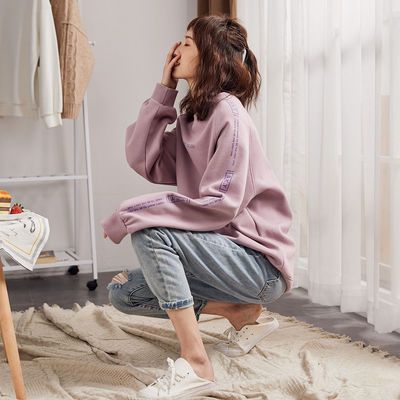 109740/唐狮2021春季新款宽松圆领女卫衣潮ins薄款韩版小个子休闲上衣紫