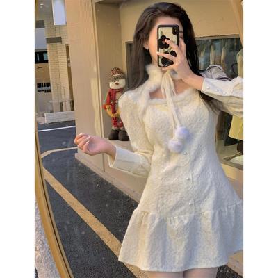 119278/法式毛绒连衣裙女设计感小众蕾丝荷叶边裙子2021秋冬新款气质短裙