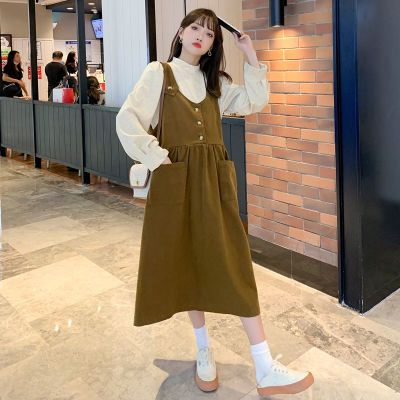 124873/孕妇背带裙秋冬新款时尚宽松遮肚大码小个子减龄潮妈灯芯绒长裙子