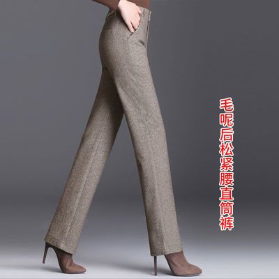 129507/冬季加厚保暖羊毛呢直筒裤女灰色裤子女高档修身显瘦女裤冬季外穿