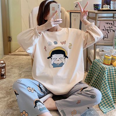 127564/睡衣女春秋冬季亲肤针织长袖休闲可爱学生家居服女士薄款春季套装