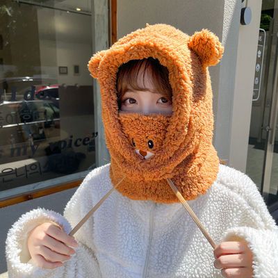 109902/可爱小熊帽子女秋冬韩版骑车防风保暖护耳口鼻围脖一体毛绒雷锋帽