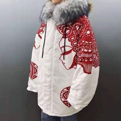 冬季新款国潮棉服国粹剪纸座山雕大毛领棉衣男中国风复古工装外套