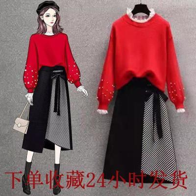 大码女装2021秋冬新款胖mm减龄遮肉显瘦红色毛衣半身裙子两件套装