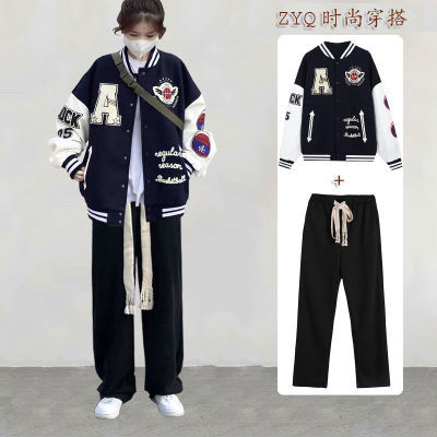 186665/春秋季套装女学生韩版棒球服开衫夹克+ins黑色编织绳阔腿裤两件套