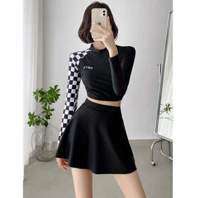 123502/长袖泳衣女分体网红ins防晒棋盘格时尚少女气质韩国两件套保守夏