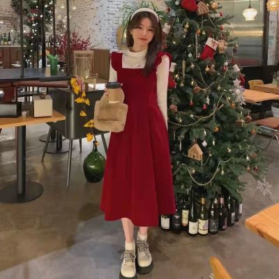 128002/学院风红色复古背带连衣裙女学生秋冬韩版宽松收腰中长裙单件套装