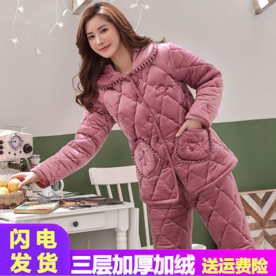 118943/中老年妈妈睡衣女冬季加厚加绒夹棉珊瑚绒奶奶家居服保暖棉袄套装